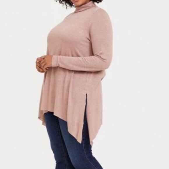 Torrid Tan Lightweight Knit Long Sleeve Sharkbite Turtleneck Tunic Top Plus 2X - Picture 2 of 15